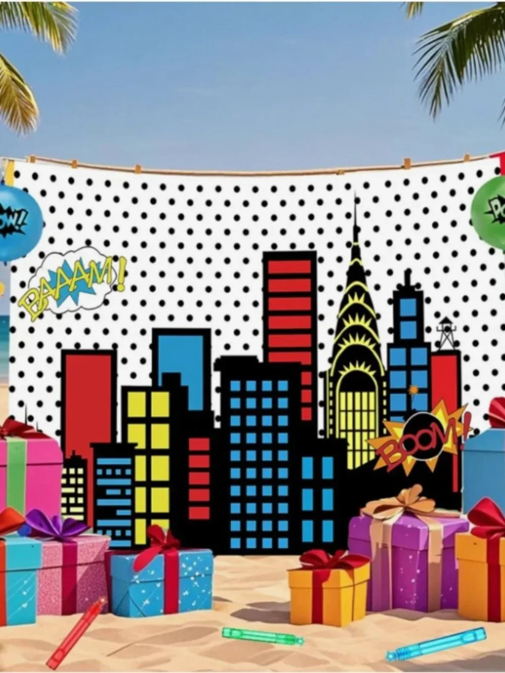 63 Pcs Super Hero Party Favors with City Hero Theme Backdrop for Birthday